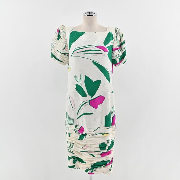 Vtg Cocktail Dress Sz L White Floral Silk Puff Sleeve Ruched Square JAYNA 80s‎ - Picture 1 of 14